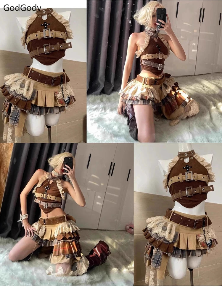 Two Piece Set With Vintage Strapless Crop And Ruffle Skirt