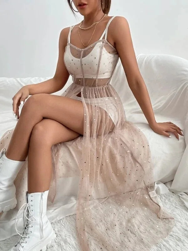 Sheer Mesh Sequin Mini Dress With Adjustable Suspenders