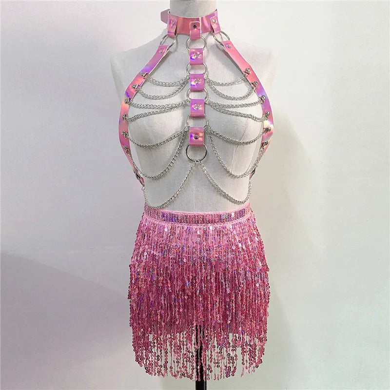 Leather Harness Sequin Skirt Set