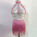 Leather Harness Sequin Skirt Set