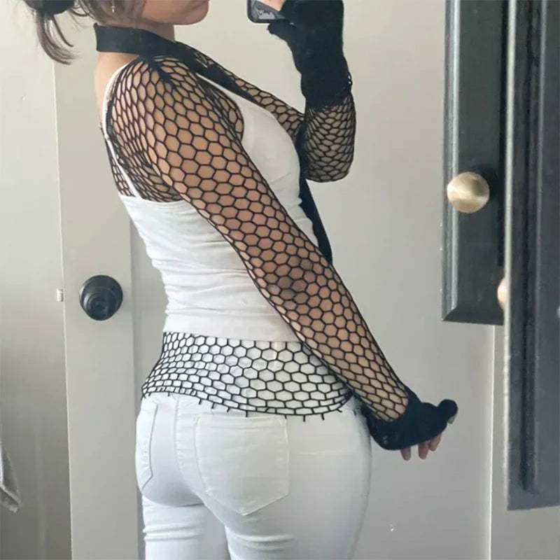 Sheer Mesh Fishnet Long Sleeve Top