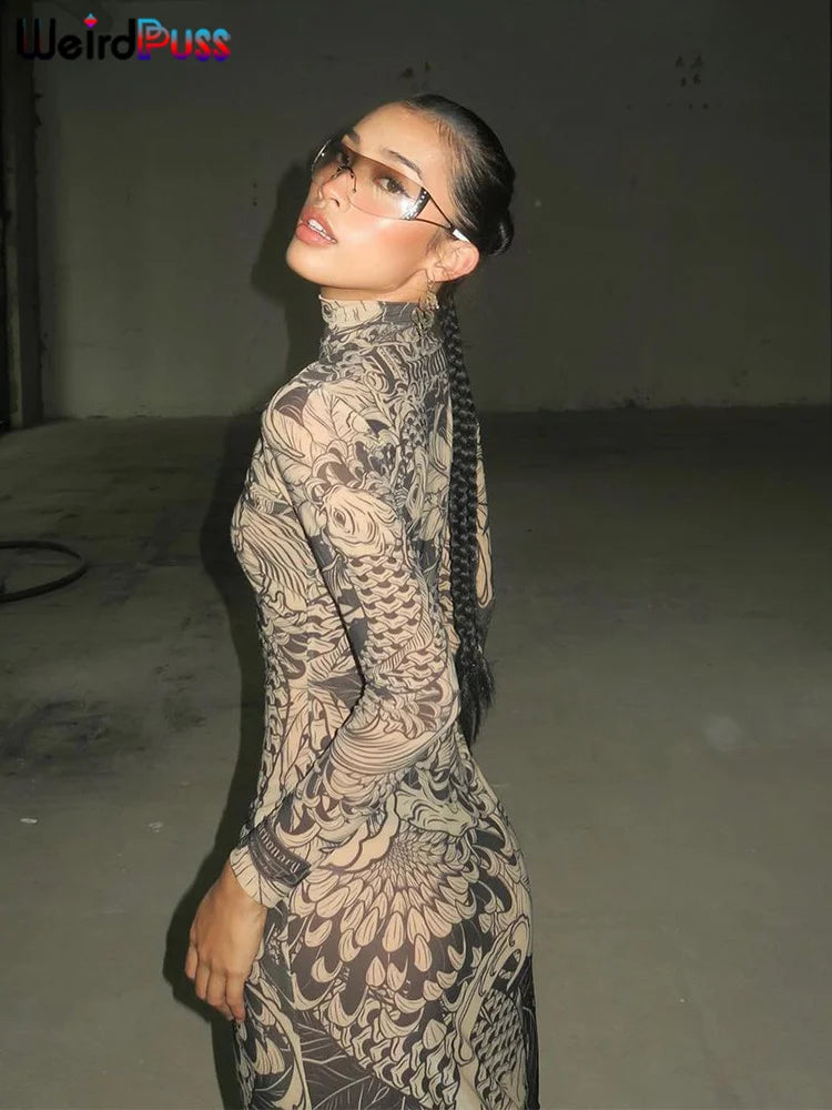 Mesh Print Turtleneck Maxi Festival Dress