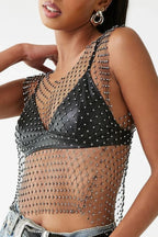 Crop Top With Sheer Fishnet Body And Rhinestone Trim