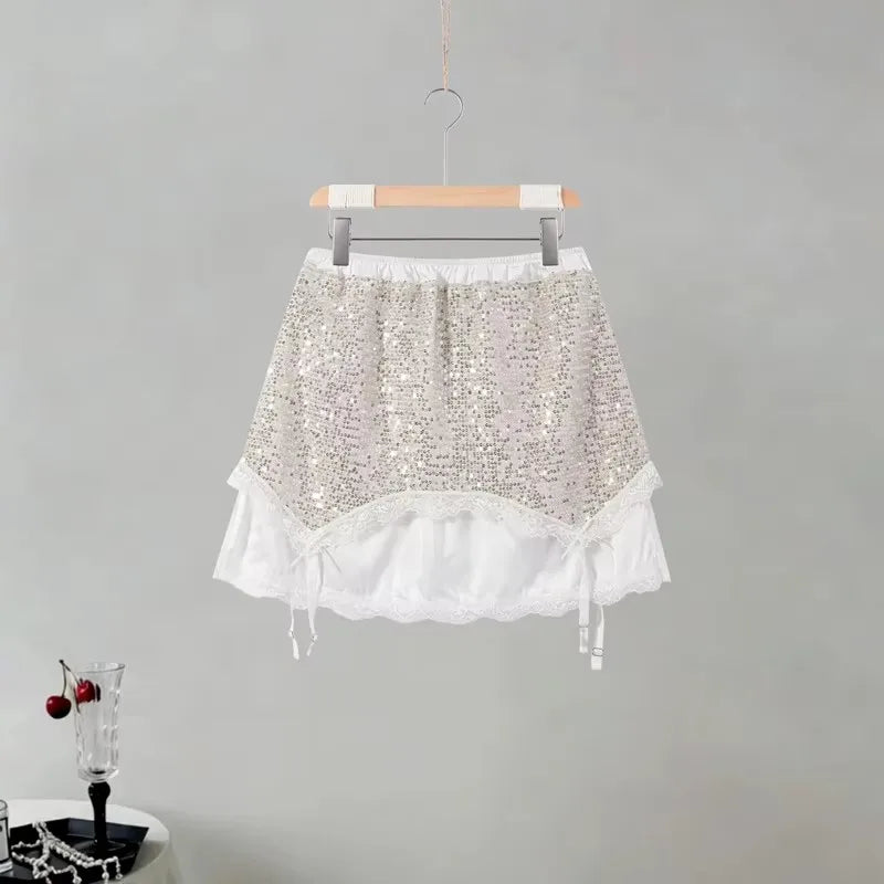 Two-Piece Strapless Sequined And Lace Patchwork Set