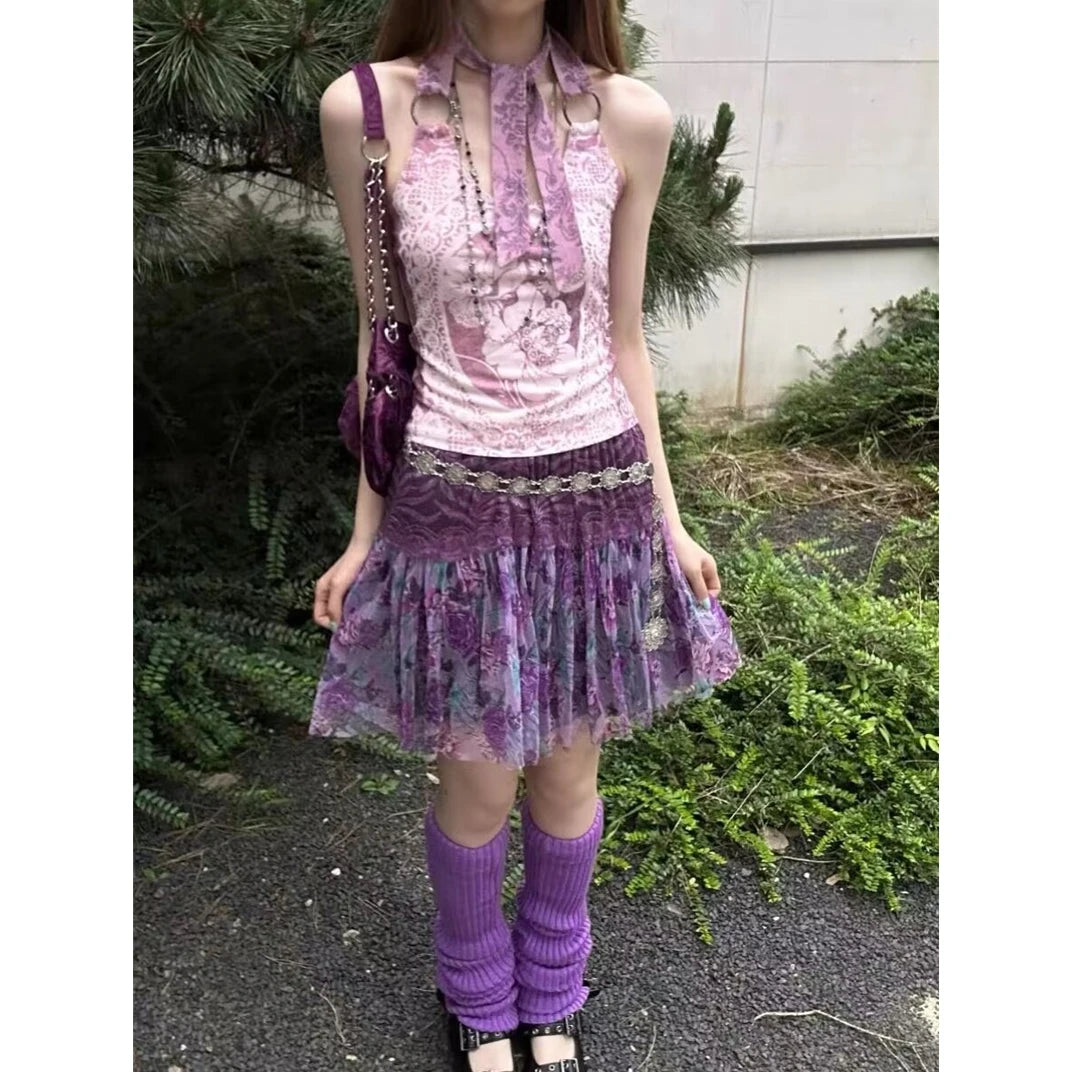 Halter Crop Top Gothic Print Cotton Lace-Up Fairycore