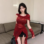 Sheer Mesh Oversleeve Top With Asymmetrical Ruffles