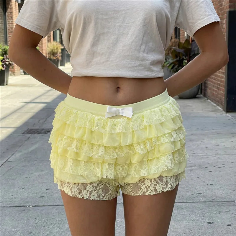 Bloomer Shorts With Layered Lace And Satin Bow Detail