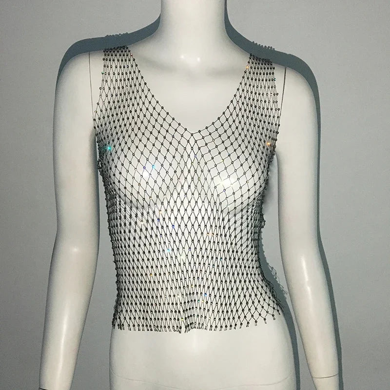 Crop Top With Sheer Fishnet Body And Rhinestone Trim