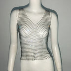 Crop Top With Sheer Fishnet Body And Rhinestone Trim