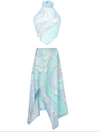 Two Piece Ruched Nylon Halter And Flowing Skirt Set