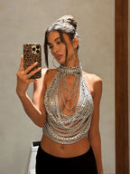 Silver Chain Halter Sequin Layer Vest
