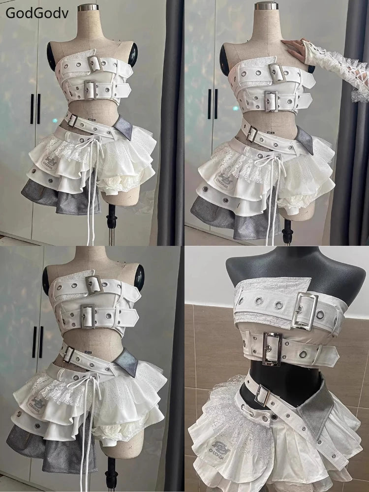 Two Piece Set With Vintage Strapless Crop And Ruffle Skirt