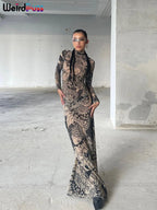 Mesh Print Turtleneck Maxi Festival Dress