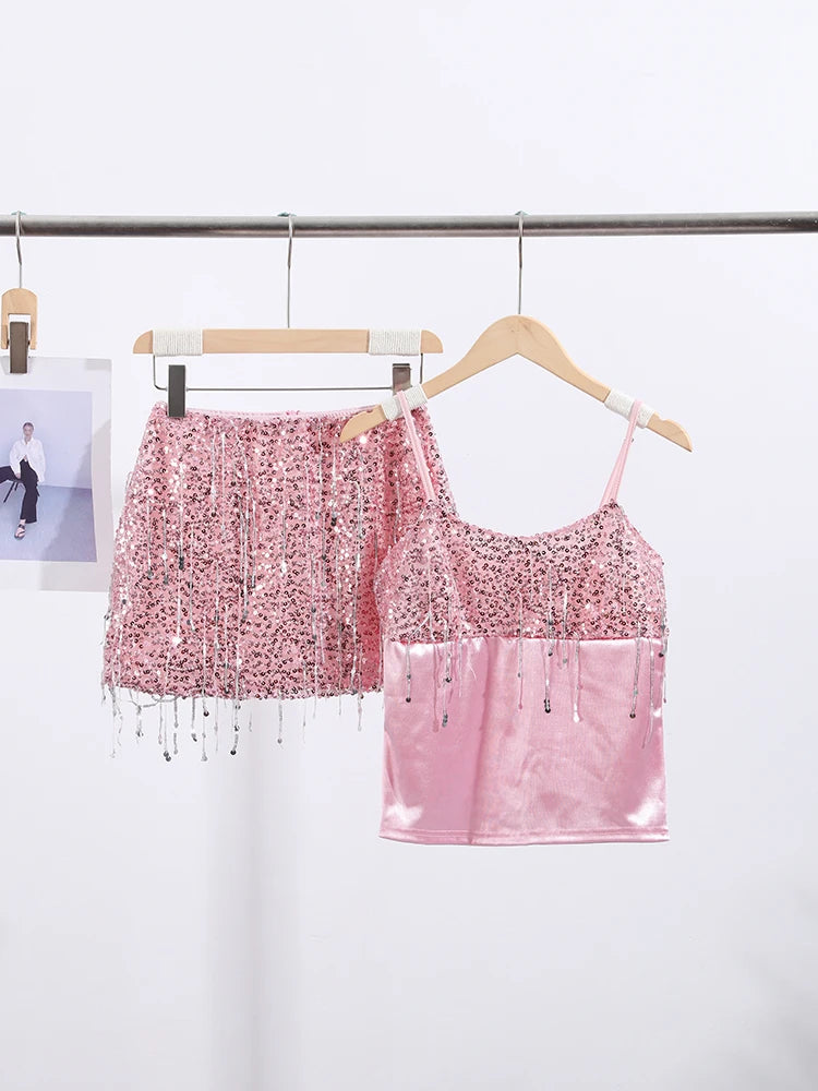 Cropped Vest And Mini Skirt Set With Sequin Tassels