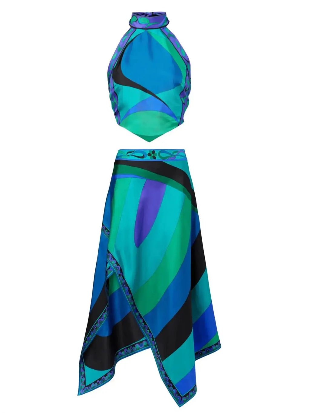 Two Piece Ruched Nylon Halter And Flowing Skirt Set
