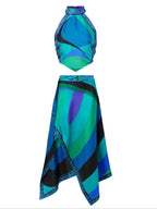 Two Piece Ruched Nylon Halter And Flowing Skirt Set