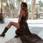Sheer Mesh Sequin Mini Dress With Adjustable Suspenders