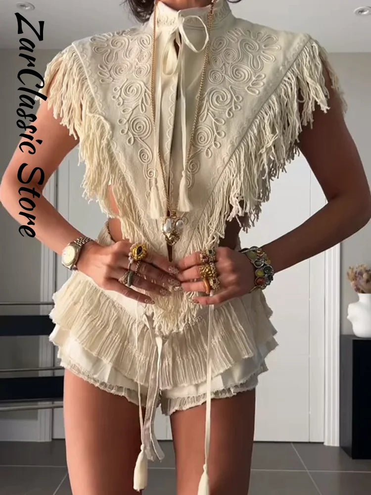 Vintage Embroidery Top With Tassel Trim
