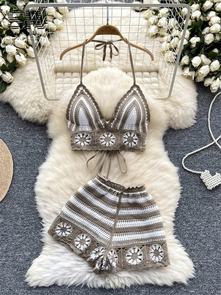 Knit Two Piece Set With Halter Top And Floral Cutouts
