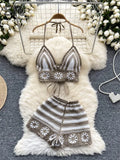 Knit Two Piece Set With Halter Top And Floral Cutouts