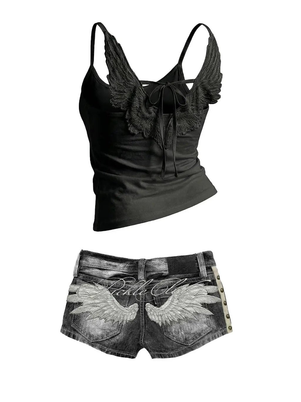 Denim Two Piece Set With Embroidered Angel Wing
