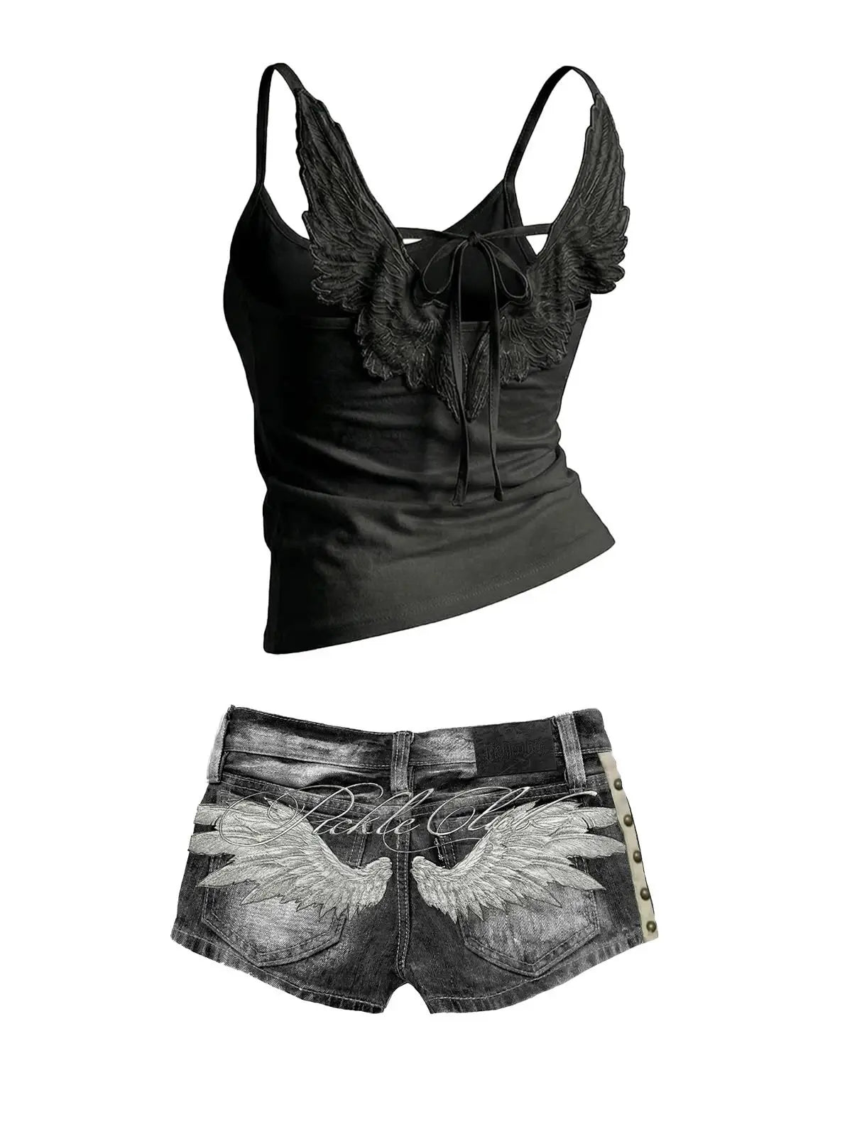 Denim Two Piece Set With Embroidered Angel Wing