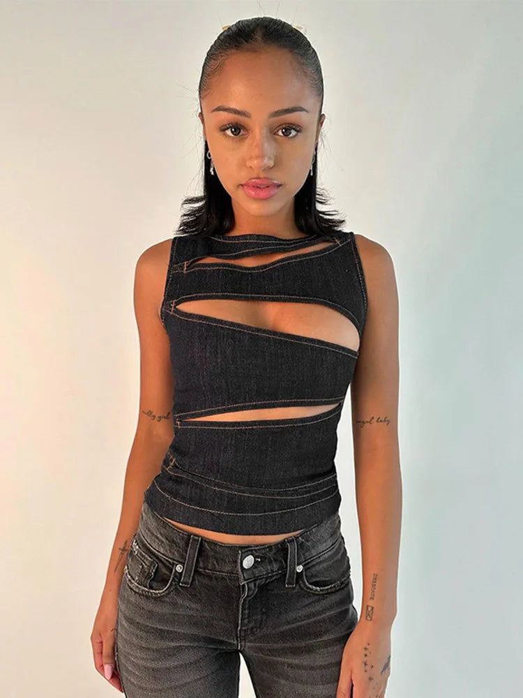 Slim Vest Top With Hollow Out Cotton Blend Silhouette