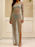 Sheer Lace Midi Long Sleeve Dress