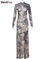 Mesh Print Turtleneck Maxi Festival Dress