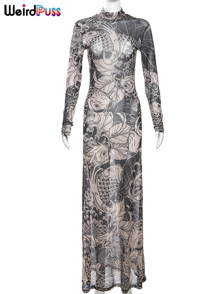 Mesh Print Turtleneck Maxi Festival Dress