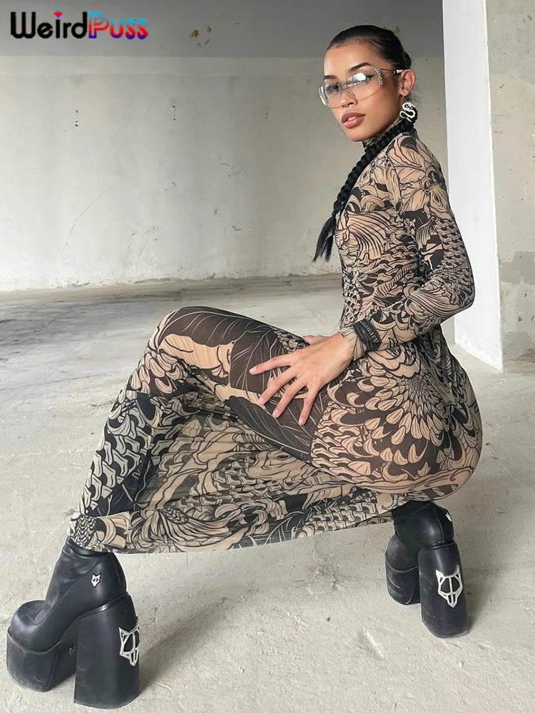 Mesh Print Turtleneck Maxi Festival Dress
