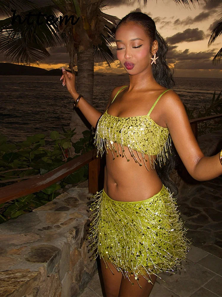 Cropped Vest And Mini Skirt Set With Sequin Tassels
