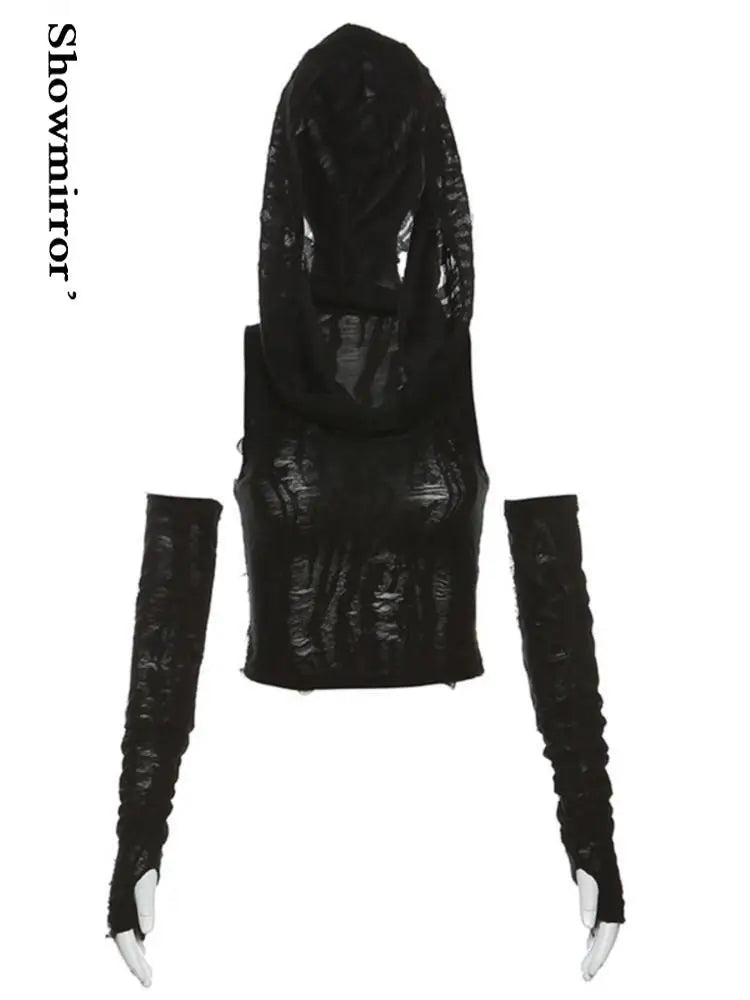 Hooded Crop Top Y2K Gothic Soft-Knit