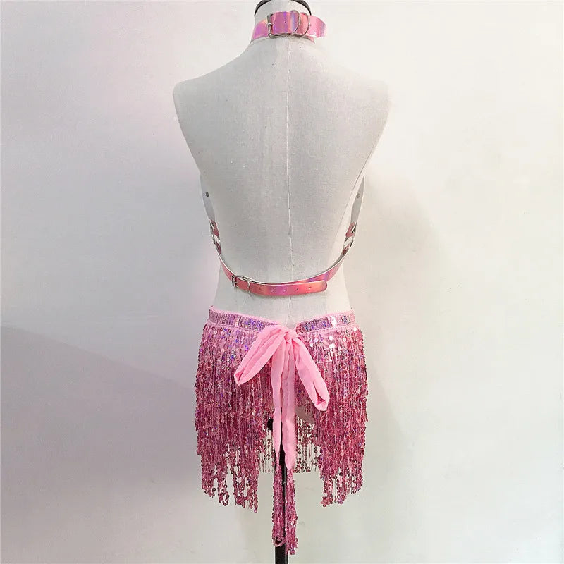 Leather Harness Sequin Skirt Set