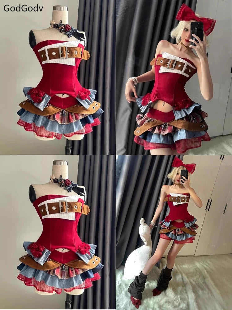 Two Piece Set With Vintage Strapless Crop And Ruffle Skirt