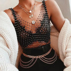 Crop Top With Sheer Fishnet Body And Rhinestone Trim