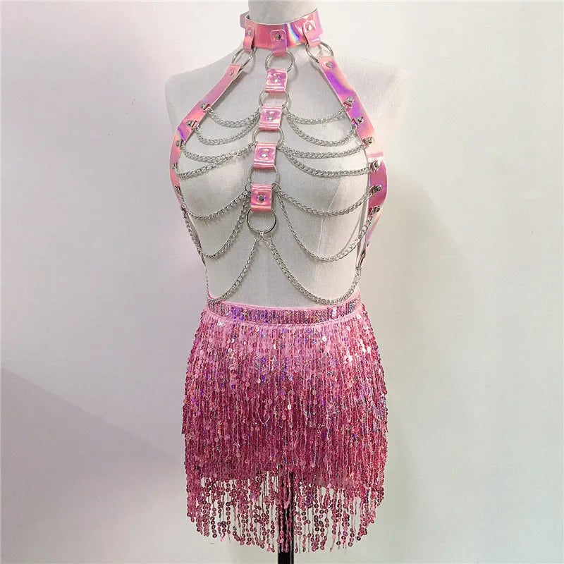 Leather Harness Sequin Skirt Set