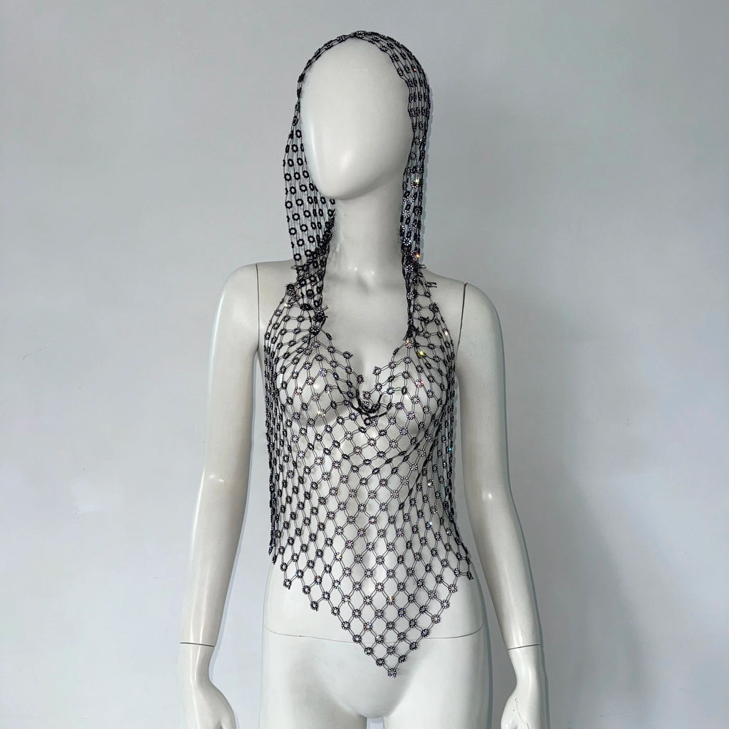 Mesh Hooded Crop Top With Intricate Rhinestone Detail