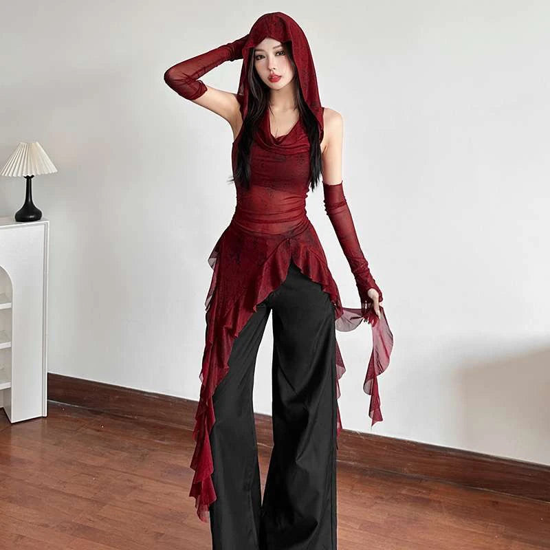 Knit Hooded Tank With Asymmetrical Hemline