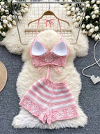 Knit Two Piece Set With Halter Top And Floral Cutouts
