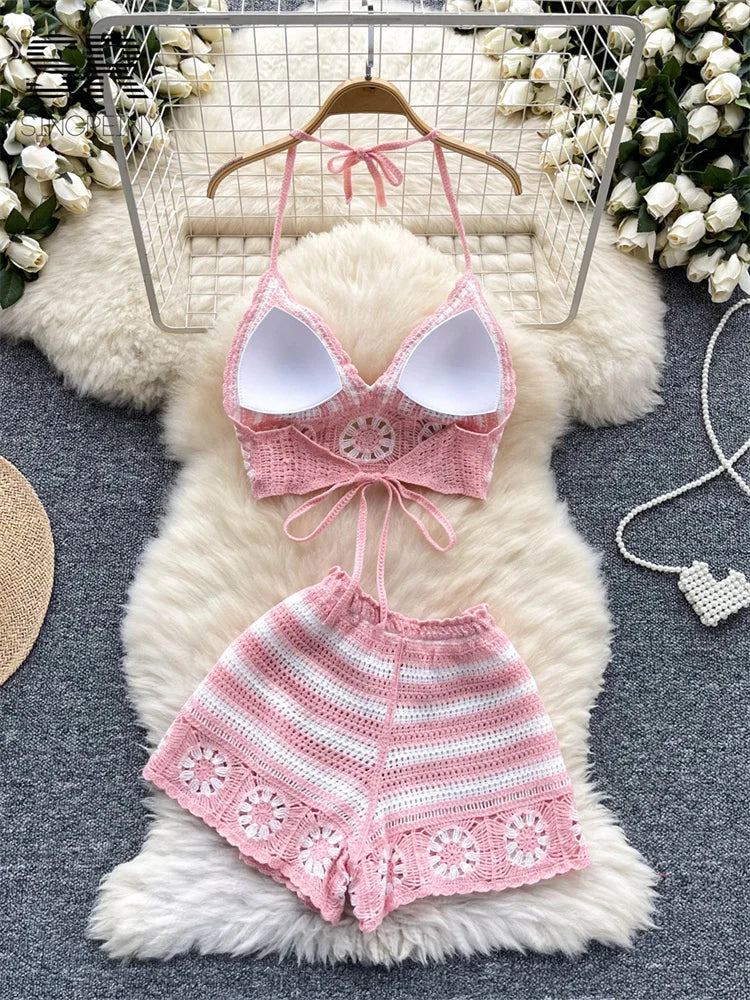 Knit Two Piece Set With Halter Top And Floral Cutouts