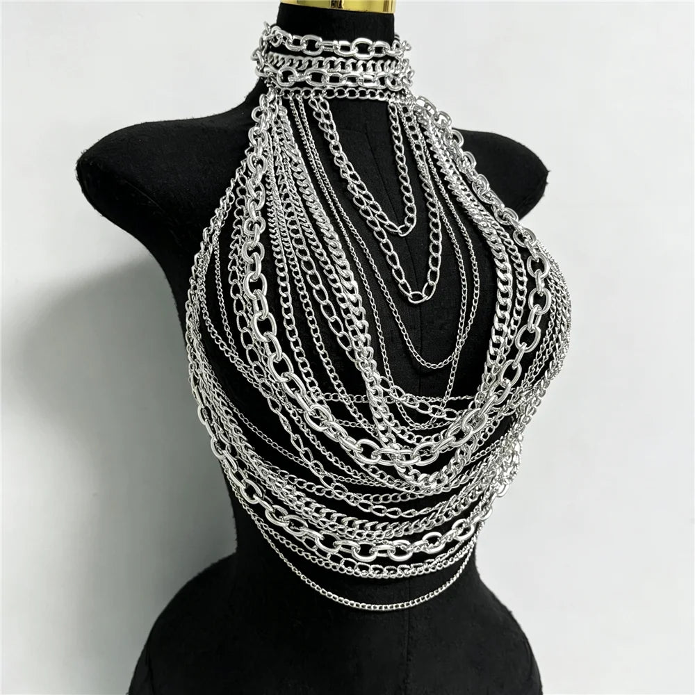 Silver Chain Halter Sequin Layer Vest