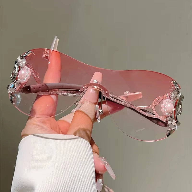 Rimless Sunglasses With Rhinestone Bridge And Gradient Lens