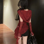 Sheer Mesh Oversleeve Top With Asymmetrical Ruffles