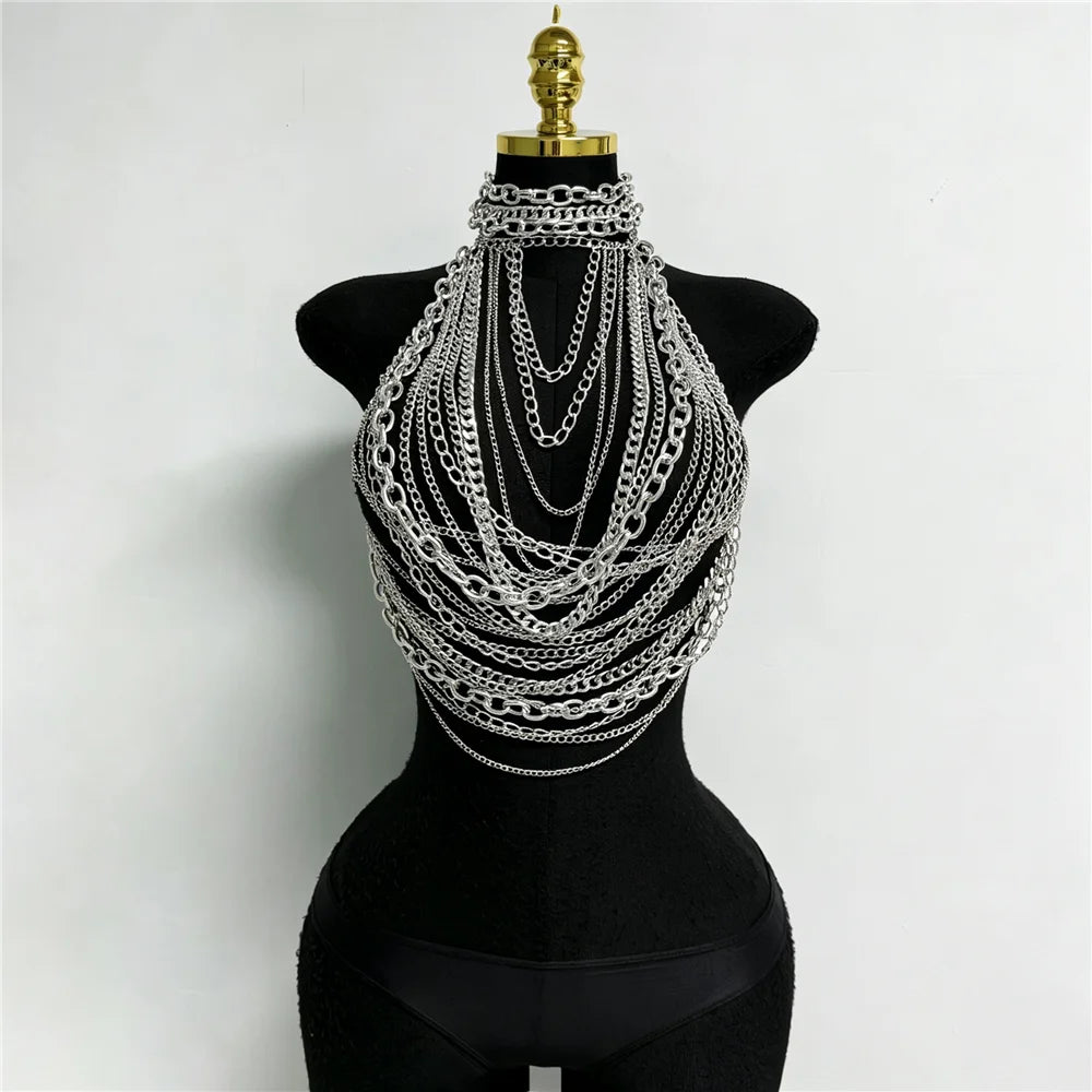 Silver Chain Halter Sequin Layer Vest