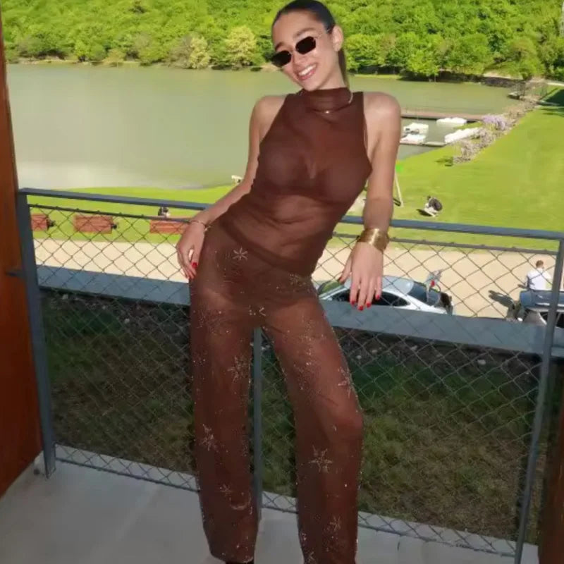 Dark Brown Sequin Sheer High Waisted Pants
