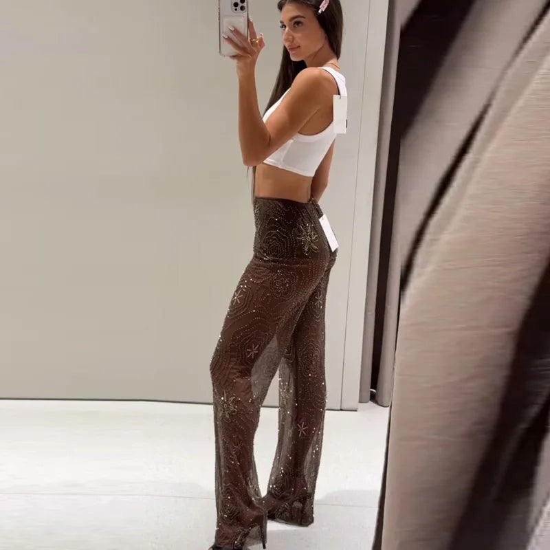 Dark Brown Sequin Sheer High Waisted Pants