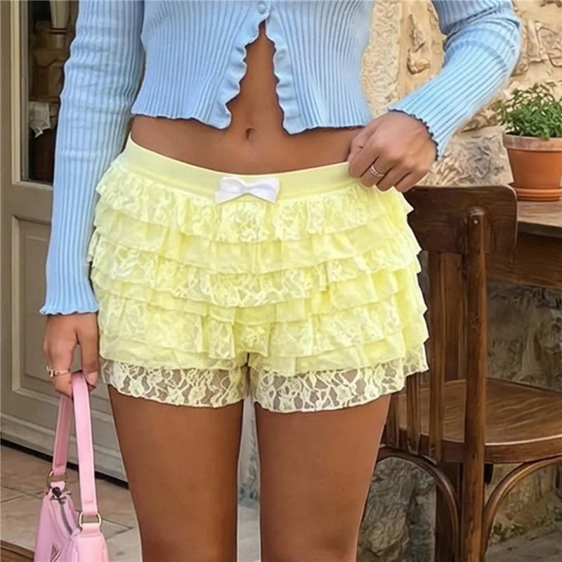 Bloomer Shorts With Layered Lace And Satin Bow Detail