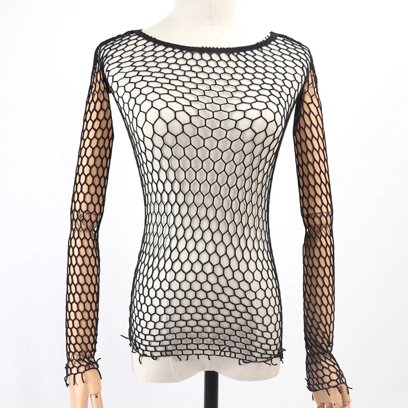 Sheer Mesh Fishnet Long Sleeve Top