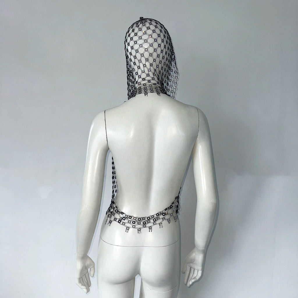 Mesh Hooded Crop Top With Intricate Rhinestone Detail